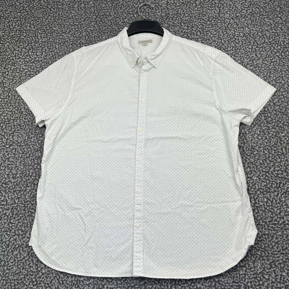 Calvin Klein Jeans Button Down Shirt Men 2XL White Geometric Print Short Sleeve